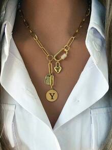 1pc Women's Gold Necklace With Screw Lock Design, Includes Letter Pendant, Letter Plate Pendant And Heart Lock Pendant, Fashionable And Lively, Suitable For Daily Wear And Holiday Occasions - Gold - View 24