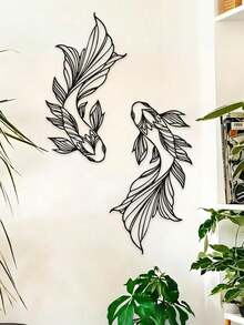 Hello Young 2pcs Metal Carp Wall Hanging Art Decor, Minimalist Line Art Suitable For School, Home Interior Design, Feng Shui, Living Room, Bedroom, Home Decor, Wall Decor, School Surprise, Dorm Decor, Back To School Supplies - 彩色 - 查看 6