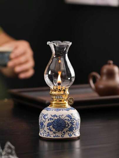 1pc Ceramic Blue & White Floral Vine Oil Lamp With Lamp Shade, Adjustable Wick Camping Fuel Lamp, Indoor Ceramic Oil Lamp Candle Holder, Kerosene Lamp With Wick, Oil Lamp/Hurricane Lamp With Flame Control Knob