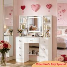 Valentine's Surprise For Her | Premium Solid Wood Makeup Vanity, 3-Speed Soft LED Mirror, Space-Saving Storage, Easy Assembly, Perfect Gift To Decorate Her Exclusive Beauty Corner - White - View 6