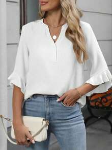 Plus Size Women V-Neck Ruffle Sleeve Blouse White Spring - White - View 2