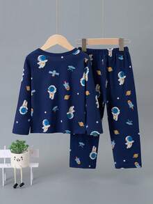 2 piezas Conjunto de pijama ligero para niños, parte superior de manga larga y pantalones con estampado de astronauta de dibujos animados, ropa de estar en casa casual - Multicolor - Ver 2