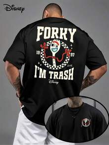 Disney Genuine Authorization, Toy Story Forky! "I'M TRASH" Fun Slogan Printed Men's Cotton T-Shirts, Casual Round Neck And Short Sleeves, Breathable And Soft, Casual Summer Clothes With Double-Sided Patterns On The Street . - màu đen - Xem 1
