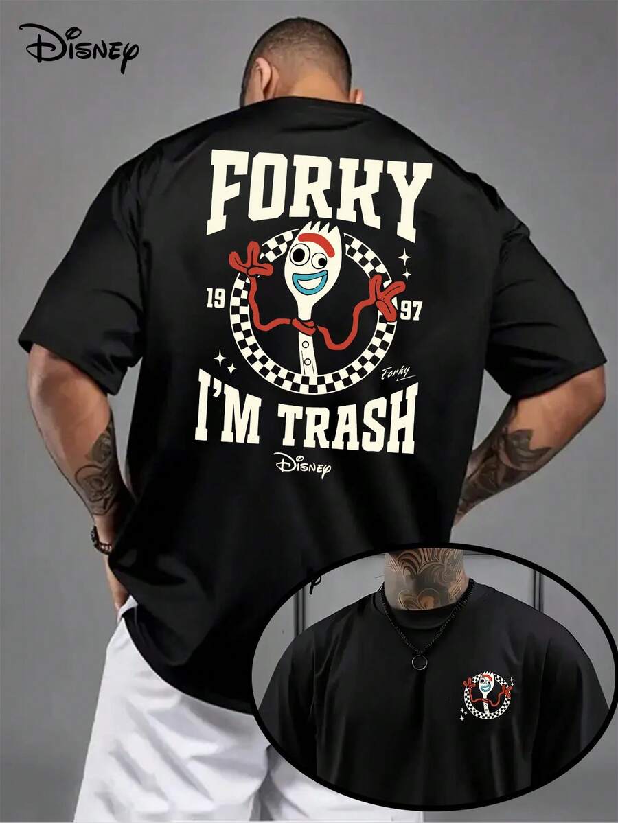 Disney Genuine Authorization, Toy Story Forky! "I'M TRASH" Fun Slogan Printed Men's Cotton T-Shirts, Casual Round Neck And Short Sleeves, Breathable And Soft, Casual Summer Clothes With Double-Sided Patterns On The Street . - màu đen - Xem 1