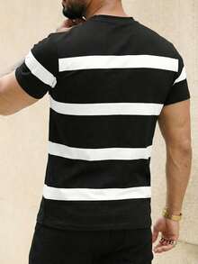 男士时尚休闲亨利领黑白条纹短袖T恤，修身款 - 黑色 - 查看 2