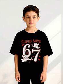 CUPID SAYS Heart 67 Crew Neck Boys' Wear, Soft Fabric, Suitable For Spring, Summer And Autumn, Breathable And Comfortable Short-Sleeve T-Shirt, Fashionable And Versatile, Ideal For Boys To Wear For Travel, Back To School Day, Outdoor Games And Daily Leisure, Also Suitable For Autumn And Winter - Black - View 1