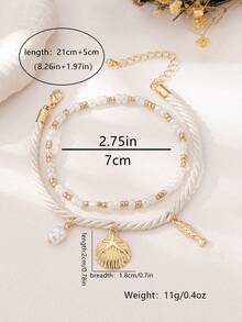 2pcs/Set Vacation Style Starfish, Shell, Fish Pendant Beaded Anklets, White & Gold Pearl Decor Elastic Rope & Linen Cord Double Layer Detachable Anklets, Suitable For Daily, Party, Music Festival, Beach, Bikini, Elegant & Refined For Women - Shell - View 6