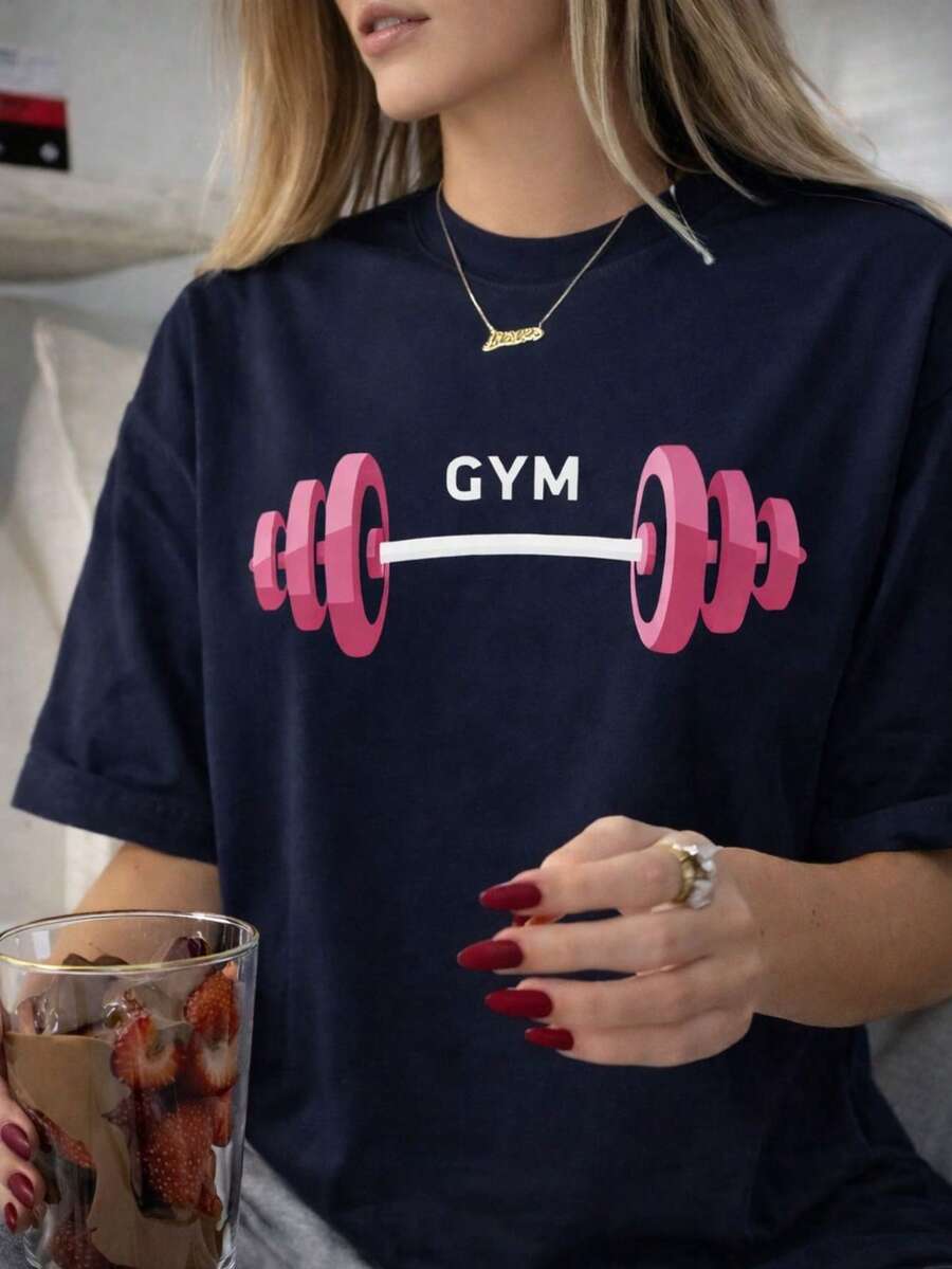 Women's Gym T-Shirt, 100% Cotton, Round Neck Shirt - 藏蓝色 - 查看 1