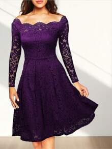 Early Autumn Plus-Size Fashion Elegant Sexy Openwork Bridesmaid Dress, Exquisite Off-The-Shoulder Lace Skirt Maxi Dress With Long Sleeves, Party Evening Gala Formal Gown  Party  Elegant  Casual    Scallop  Embroidery    Wedding  Formal & Evening - Màu tím - Xem 3