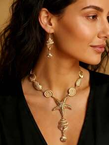 Set de 2 piezas Nuevo y creativo con temática de playa y océano para fiesta de vacaciones, minimalista con estrella de mar, concha, caracol, etc. Conjunto de ropa de verano - Amarillo Oro - Ver 3