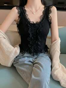 蕾丝拼接吊带背心，修身短款背心，夏季黑色 - 黑色 - 查看 3