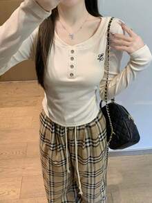 Women's Long Sleeve Ruched Shoulder Embroidered Button T-Shirt, Gentle Waist Design Spring - Apricot - View 2