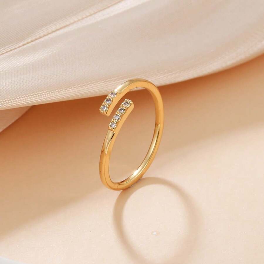 1 pieza Anillo de mujer de diseño geométrico minimalista con curva y circonita de cobre, para uso diario casual - Dorado - Ver 1