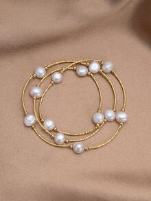 1pc 18K Gold Plated Natural Pearl Elastic Cord Multi-Layer Bracelet, Gift For Mother's Day, Valentine's Day, Birthday, Wedding, Engagement, Bride - White - View 5