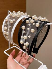 1件装女士时尚高端仿珍珠铆钉网布宽檐发带，适合日常休闲搭配，遮盖白发，可用于洗脸、高髻、分叉发型等，可作为女友礼物，时尚日常佩戴，居家护肤，四季皆宜，适合户外佩戴，情人节礼物，狂欢节发箍。 - 彩色 - 查看 4