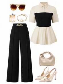 Costum casual 2 buc Plus Size pentru femei, cu volane în culori contrastante, top și pantaloni, elegant de vară, elastic - Caisă și Negru - Vizualizare 1