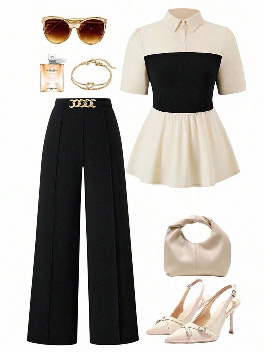 Costum casual 2 buc Plus Size pentru femei, cu volane în culori contrastante, top și pantaloni, elegant de vară, elastic - Caisă și Negru - Vizualizare 1