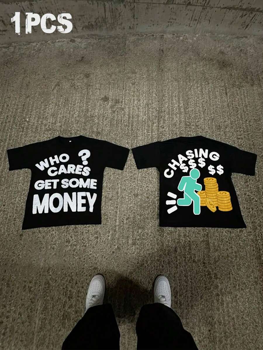 1pc Men's Loose Fit Black T-Shirt With "Who Cares Get Some Money" And "Chasing Money" Double-Sided Print, Money-Themed Design Suitable For Casual Daily And Holiday Wear - Black - View 1