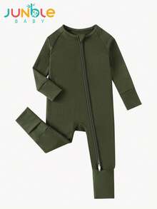 Junblebaby Baby Boy Bamboo Fiber Zipper Romper ,Tight-Fitting Style-Bamboo Fiber Solid Color Long-Sleeved Zipper, Baby Boy Clothes, Bamboo Baby Jumpsuit, With Bidirectional Zipper & Foldable Footie (0-3Y) - 墨綠色 - 查看 2