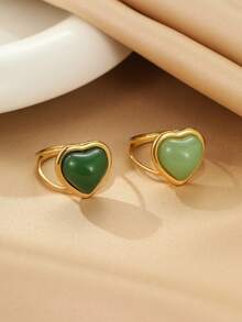 2件套不锈钢女士金色夸张风格小爱心绿色宝石首饰套装，适合女性佩戴或作为礼物赠送 - 金黃色 - 查看 4