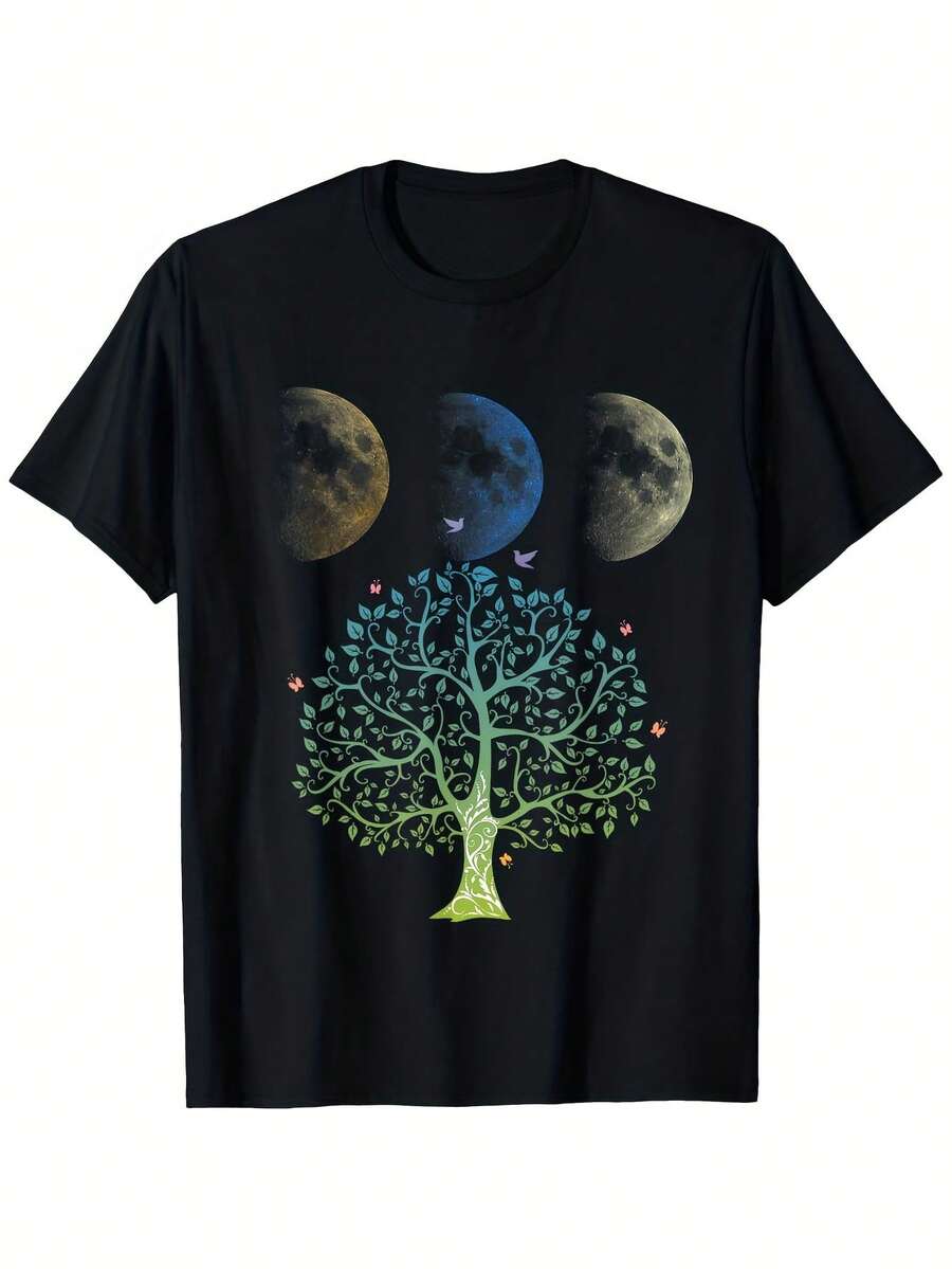 Camiseta para hombre con estampado de árbol lunar - Camiseta negra para amantes de la astronomía y la naturaleza con diseño de luna llena, luna nueva y pájaro - Algodón elástico suave, ideal para el día a día, ideal para acampar - Tallas S-XXXL - Negro 18 - Ver 1