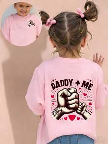 Young Girl Casual Graphic Print Crew Neck Short Sleeve T-Shirt, Summer Top - Pink - View 2