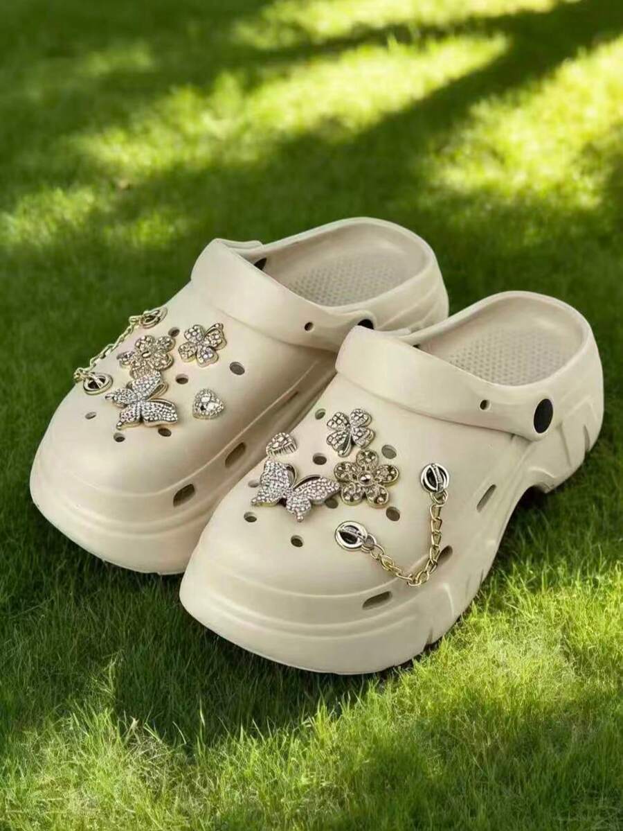 2026 New Women's Rhinestone Butterfly Chain Thick Sole EVA Clog Sandals, Shiny Decor Adjustable Heel Strap Summer Slip-On Shoes, Lightweight - Khaki - View 1