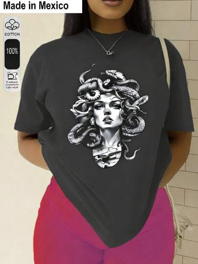Talla grande1 Pieza Camiseta de Mujer con Estampado, Estilo Realista de Moda, Camiseta Negra con Detalle de Lazo Rosa en la Espalda, 1 PC Camiseta de Cuello Redondo para Mujeres, 180g 100% Algodón Puro, Fresca y Cómoda para la Vida Casual, Deporte, Gimnasio, Viaje, Regalo, Vacaciones de Verano, Día de la Independencia de México
