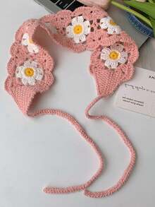 1pc Handmade Crochet Floral Lace Knitted Long Headband, Spring/Summer Ins Vibe Accessory, Floral Countryside Style Headscarf, Retro French Knitted Handmade Headband, Sweet & Cute Daisy Crochet Holiday Essential Hair Accessories Summer Beach Hair Bands,Travel - Multicolor - View 6