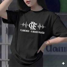 Women's T-Shirt, Flamengo Blouse, The Greatest Passion, Premium Cotton T-Shirt With Heartbeat Design. - 黑/白 - 查看 1