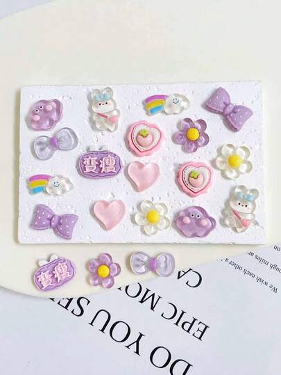 20 piezas Artesanías de resina plana creativas Conejitos lindos Decoraciones DIY, Accesorios de flores moradas para zuecos, fundas de teléfono, tazas, regalos festivos