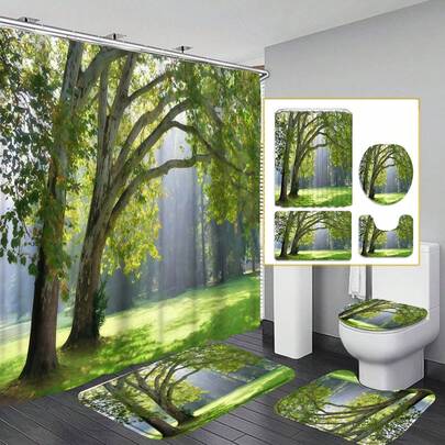 1/4-Piece Sunshine Forest Landscape Pattern Shower Curtain Set, Including Non-Slip Mat, Toilet Lid Cover, Floor Mat, And Plastic Hooks - Machine Washable, Stain-Resistant Polyester Bathroom Decor, Suitable For All Seasons, Nature-Themed Bathroom Accessory Set.
