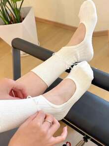 1 Pair,Open-Heel Pilates Socks With Drawstring Bow - Non-Slip Ribbed Yoga Socks For Barre & Dance - Multicolor - View 2