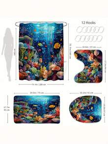 Ocean World Cartoon Series Bathroom Set - Made Of Polyester, Washable And Machine Washable, 1pc/3pcs/4pcs | Shower Curtain, Bath Mat, Toilet Seat Cover - A - View 5