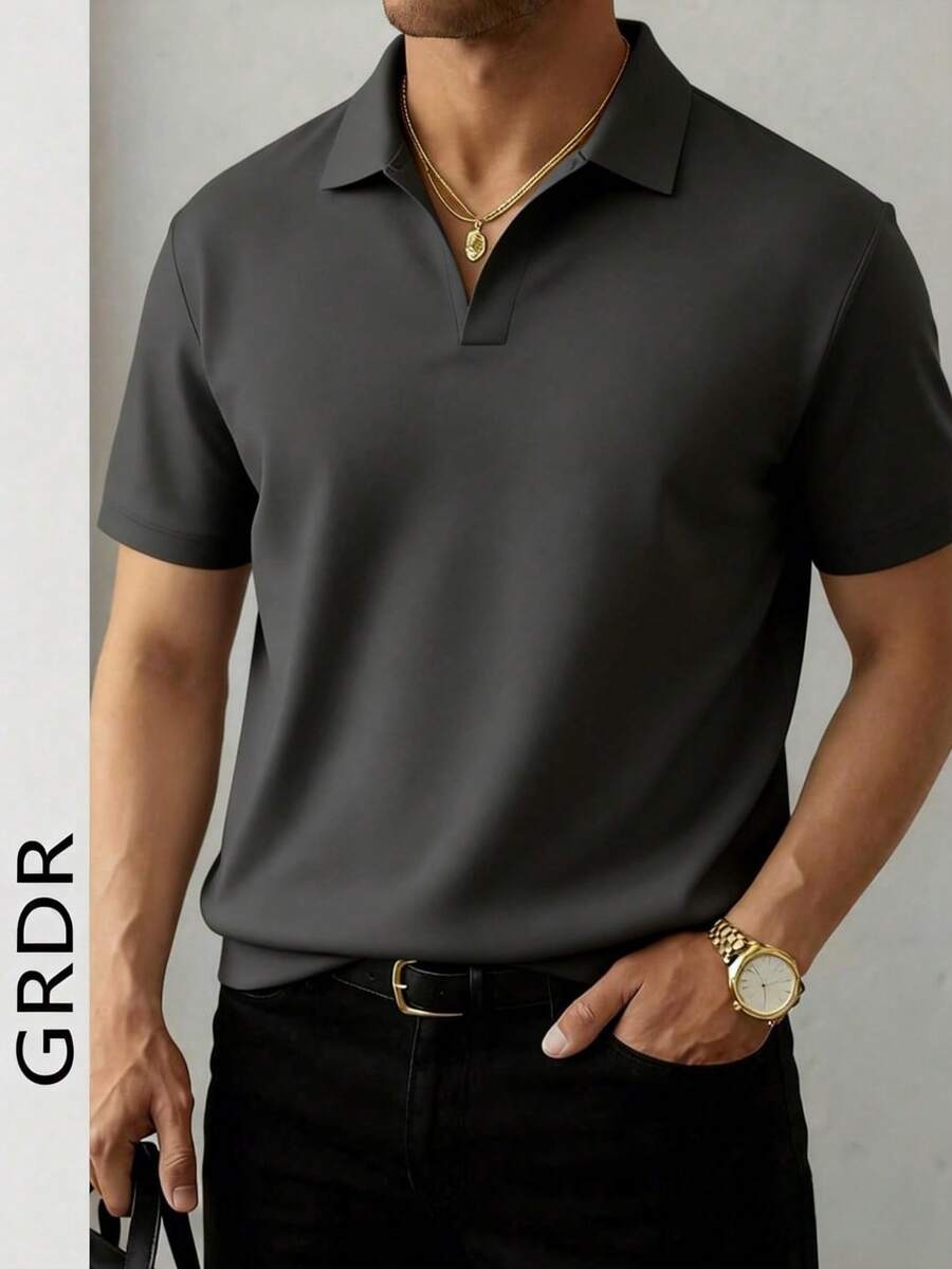 GRDR Men's Minimalist Airplane Collar Short Sleeve T-Shirt, Casual Commuter Style - Dark Grey - View 1