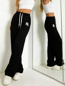 Women's Black Loose Pants With Contrast Color NY Letter Print, Drawstring Waist, Flattering And Slimming, Suitable For Daily, Commute, And Weekend Wear Spring Sports - Black - View 7