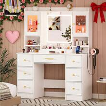 LAKEMID ✨Vanity, 7 Drawers White Vanity Desk With Mirror - Large Makeup Table Set With Cabinets And 3 Modes, 8 Storage Shelves With 2 Ultra-Clear Display Cabinets & 2 Ultra-Clear Dividers, 3 Storage Compartments, Top Shelf Included, Vanity Mirror With Desk Dressing Table For Bedroom, Includes Hairdryer Holder|Essential Makeup Vanity For School Club Performance Makeup Sessions|Perfect Addition To Makeup Routine For Shows,Gatherings And Festivals!|School Essentials|Hair Tools Organizer For Women|Enhanced Design|Suitable For Pet-Owning Households|Autumn & Winter Heartwarming Gift|Christmas & Halloween Gift|Newly Upgraded Thickened Edition|Thanksgiving Day|Celebration Gifts|NYE Party Gifts|Lunar New Year 2026|New Year's Eve|Valentine's Gifts|Home Essentials From You NEED|Made Me Buy It: Must-Haves To Stock Up On✨ - 白色 - 查看 1
