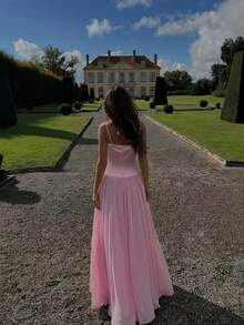 女士纯色针织抹胸拼接雪纺喇叭下摆性感优雅鸡尾酒会度假连衣裙粉色夏季 - 粉色 - 查看 6