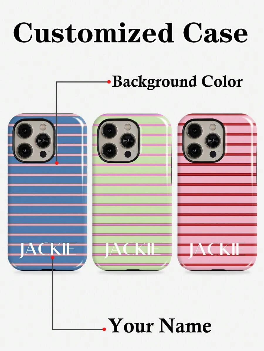 1pc Customized Minimalist Horizontal Striped Monogram Phone Case, Glossy Filmic Hard Shell Full Coverage Protective Case Compatible With Iphone 11/12/13/14/15/16/17 Pro Max - Multicolor - View 1