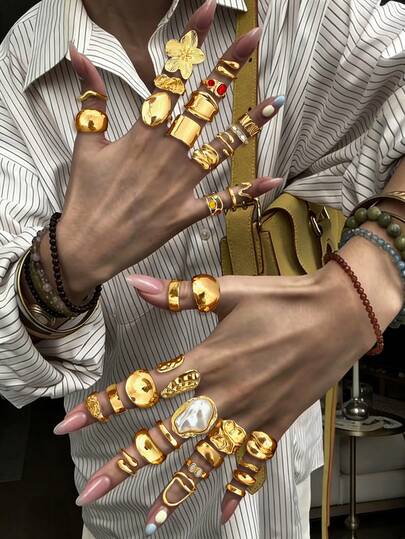 15/20 Stücke modischer, eleganter, vintage-inspirierter Stapelring-Set, mit geometrischen, floralen, Perlen-Imitat, Edelstein-Imitat, metallischen, strukturierten Designs, geeignet für Feiertage, Partys, Geschenke, Alltagsmode