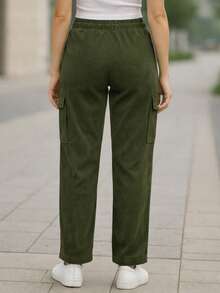 Pantalón Cargo Mujer de Pana con Cintura Elástica y Bolsillos Laterales - Verde militar - Ver 2