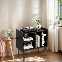 Soporte para Tocadiscos, Soporte para hasta 200 álbumes, gabinete de Vinilo clásico con estantes extraíbles, Mesa de Reproductor de Discos con Altura Ajustable para Sala de Estar, recámara - Negro - Ver 2