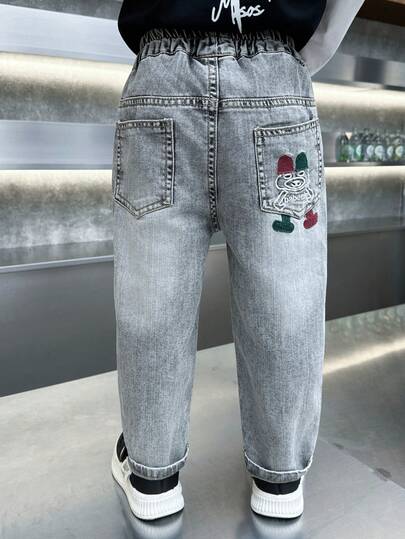 Quần jean denim dáng rộng in hình hoạt hình cho bé trai, phù hợp cho trẻ mới biết đi và trẻ nhỏ, thích hợp cho mùa xuân.