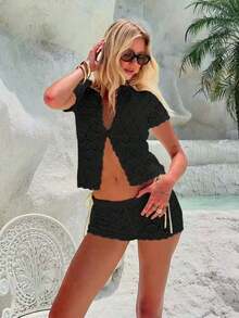 Women's Summer Vacation Set, Crochet Mesh Sexy Hollow Out Beach Short Sleeve Knit Cover Up + Shorts 2 Piece Set - Women's Vacation 2 Piece Set, Crochet Cover Up Nightclub Outfit, Women's Sexy Slim Fit - 黑色 - 查看 7