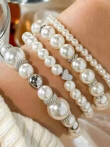 4 Pieces Fashionable Heart-Shaped Pearl Bracelet Set - Elegant Women's Bracelet Accessory For Dressing Up, Valentine's Day Gift, Daily Wear - 彩色 - 查看 6