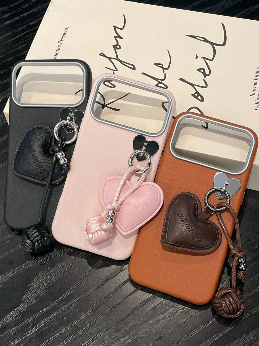 粉色皮革心形图案少女心形结吊坠手机壳，独特手工心形装饰，仿皮纹理保护壳，防震防刮，兼容 17/17 Air/17 Pro/17 Pro Max/16-11/Pro/Pro Max/Plus S20-S25/FE/Plus/Ultra，适合女孩日常拍照、生日礼物、周年纪念礼物、春季生日礼物，国际版，非国内版。