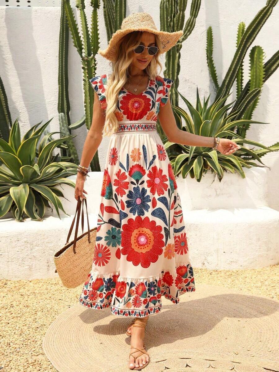 New Autumn Lightweight V-Neck All-Over Cute Leaf & Floral Print Bohemian Casual Pleated Ruffle Hem Waist Splice Maxi Dress, Suitable For Music Festivals, Women's Holidays, Country Music Concerts, Graduation, Parties, Back To School, Teacher's Day, Halloween, Christmas - 薄荷綠 - 查看 1