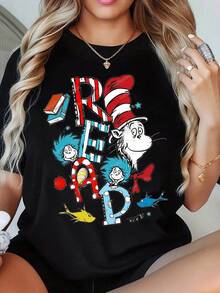 Cat In The Hat Read Books T-Shirt For Women Dr Seuss1 Inspired Graphic Tee Cute And Fun Design Perfect For Reading Day Or Book Lovers Birthday Gift - Black - View 1