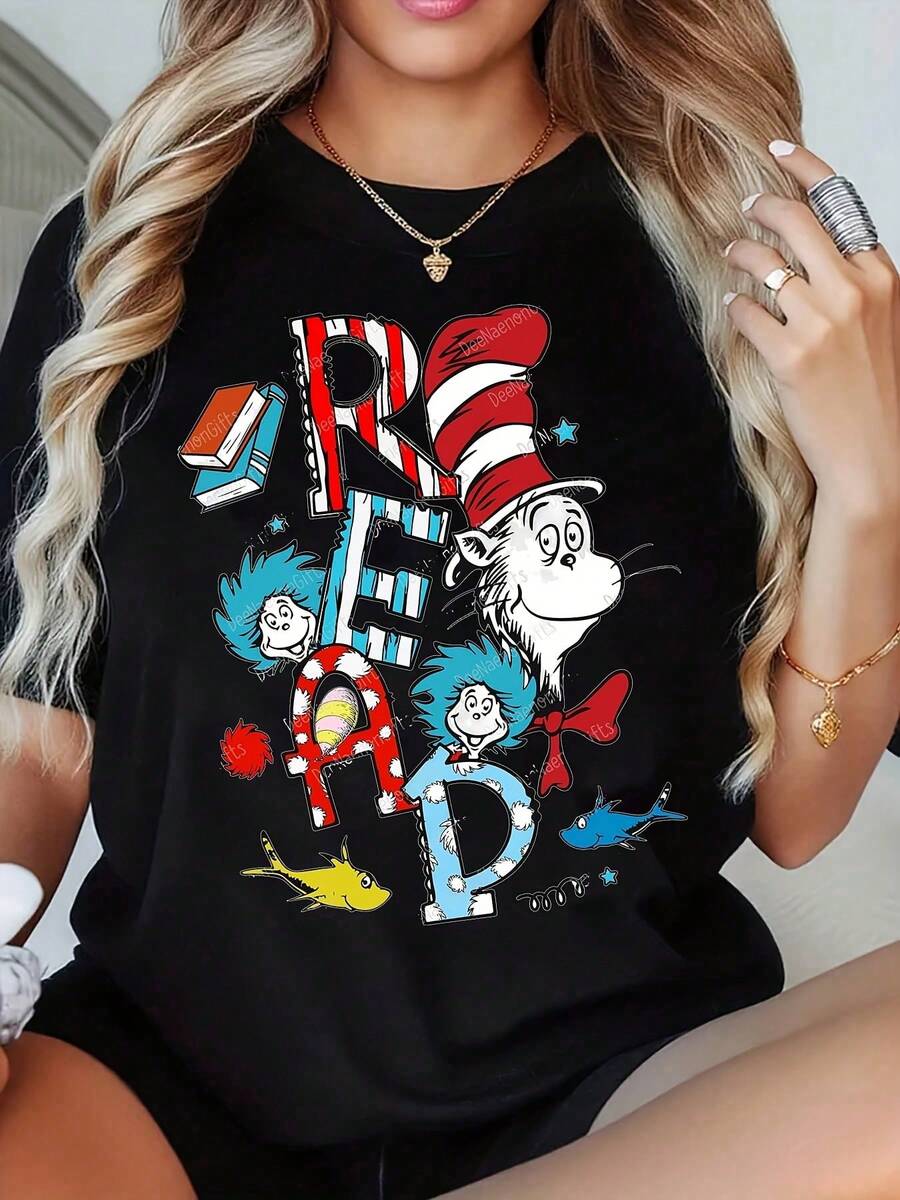 Cat In The Hat Read Books T-Shirt For Women Dr Seuss1 Inspired Graphic Tee Cute And Fun Design Perfect For Reading Day Or Book Lovers Birthday Gift - Black - View 1