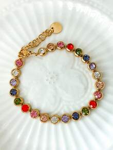 Mazuer 1pc Vintage French Elegant Stainless Steel 18K Gold Plated Colorful Zirconia Stone Women's Bracelet, Suitable For Dates, Holidays, Halloween Parties, Gatherings, And Daily Commute - Multicolor - View 10